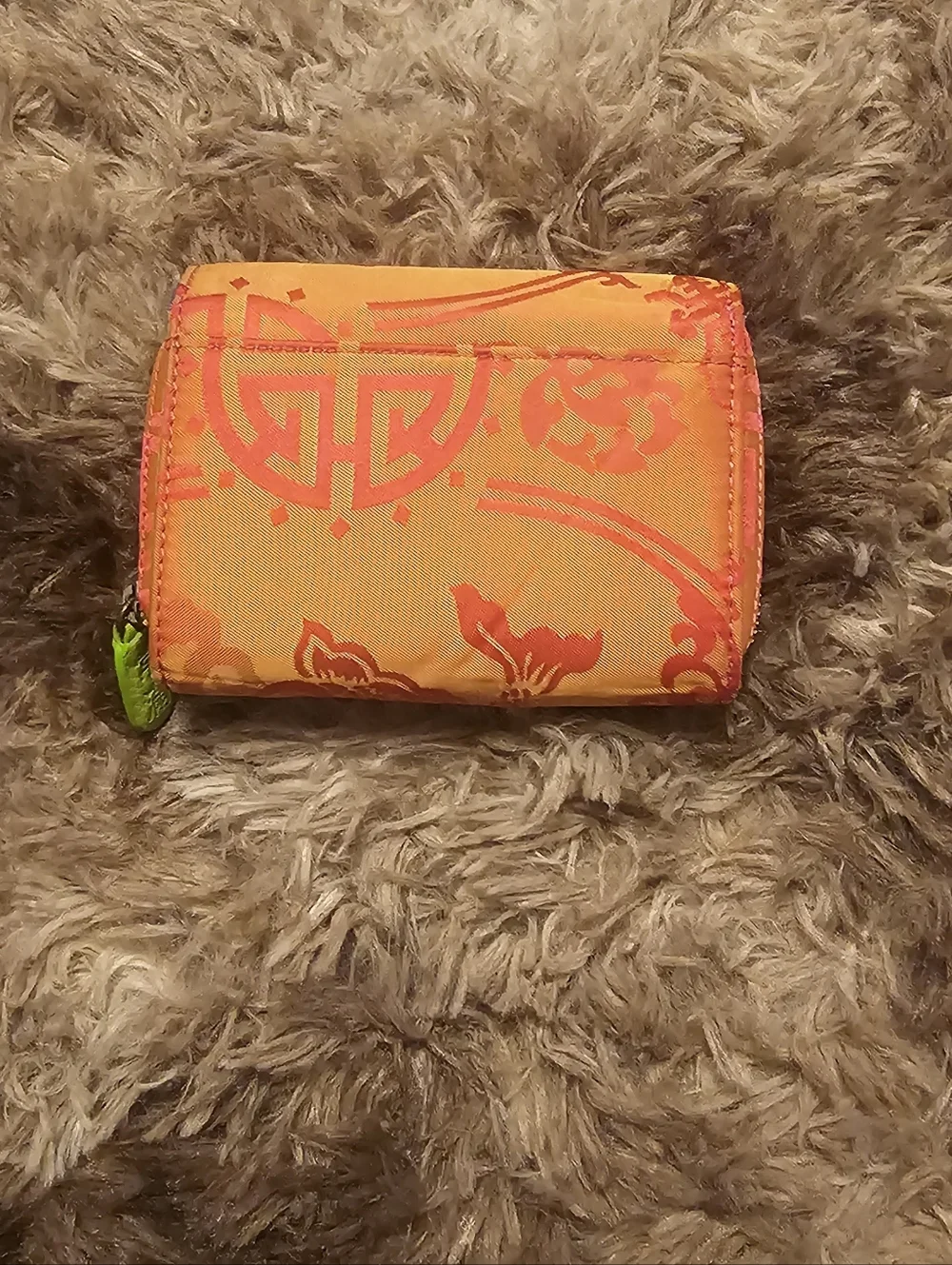 Shanghai Tang Bright Lime & Navy Trifold Wallet with Orange Printed Coin Pouch